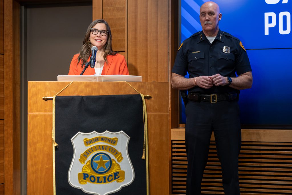 A photo of Mayor Erin MendenHall and SLCPD Chief Mike Brown at the NBA Public Safety press conference.