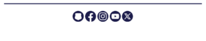 Five social media icons in blue circles under a blue line.