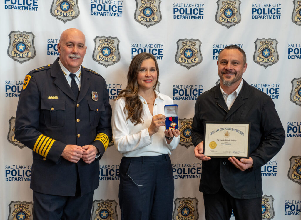 Mayor Erin Mendenhall and Chief Mike Brown award Dave Seljestad the Partner in Public Safety Award