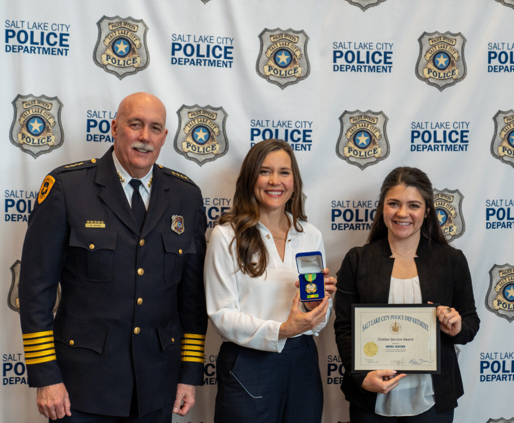 Mayor Erin Mendenhall and Chief Mike Brown award Rachel Genther the Civilian Service Award